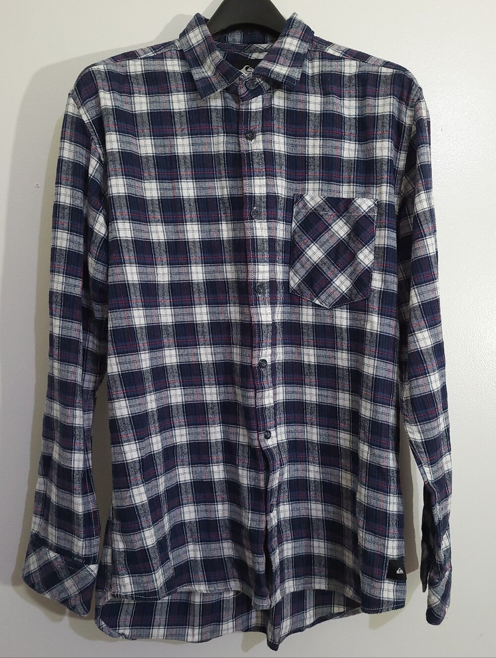 Quiksilver Navy Blue & White Cotton Flannel Plaid Shirt Size L